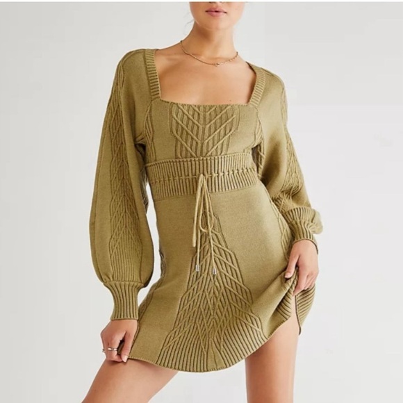 Free People Emmaline Mini Dress Knit Long Sleeve Boho green color size S - Picture 1 of 13
